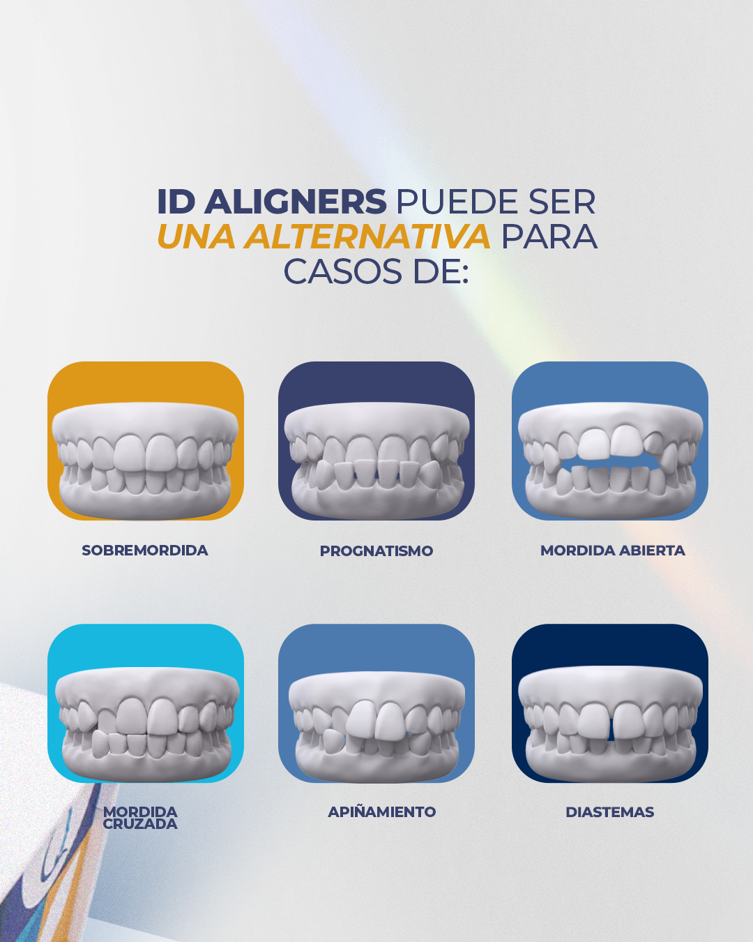 Ejemplos de sobremordida, prognatismo, mordida abierta, mordida cruzada, apiñamiento y diastemas