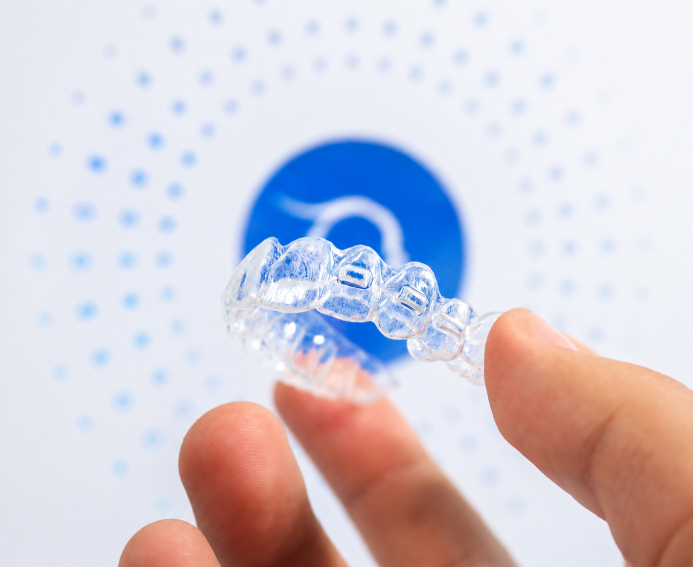 Alineador transparente ID Aligners sostenido frente a su empaque